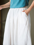 Rarove-Simple Loose Linen Solid Color Pleated Drawstring Wide Legs Knickerbockers
