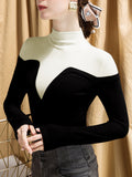 Rarove-Vintage Contrast Color High-Neck Long Sleeves Pullover