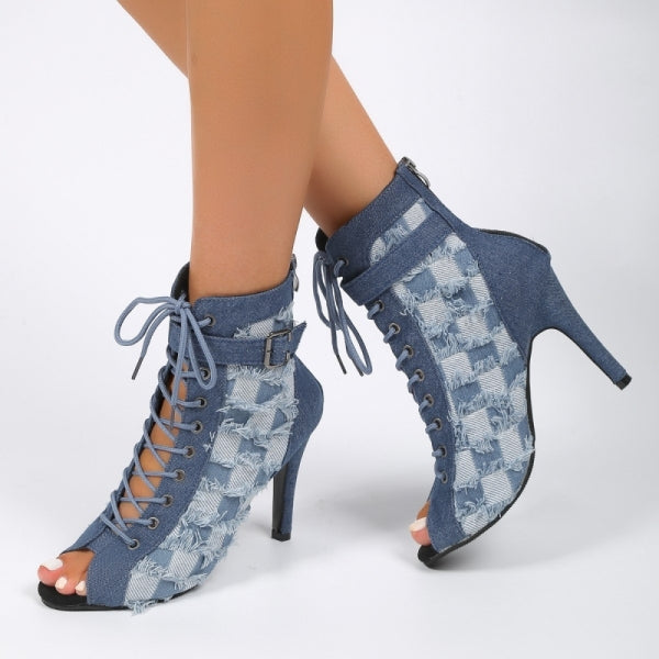 Rarove- Baby Blue Casual Patchwork Frenulum Zipper Fish Mouth Out Door Shoes (Heel Height 3.15in)