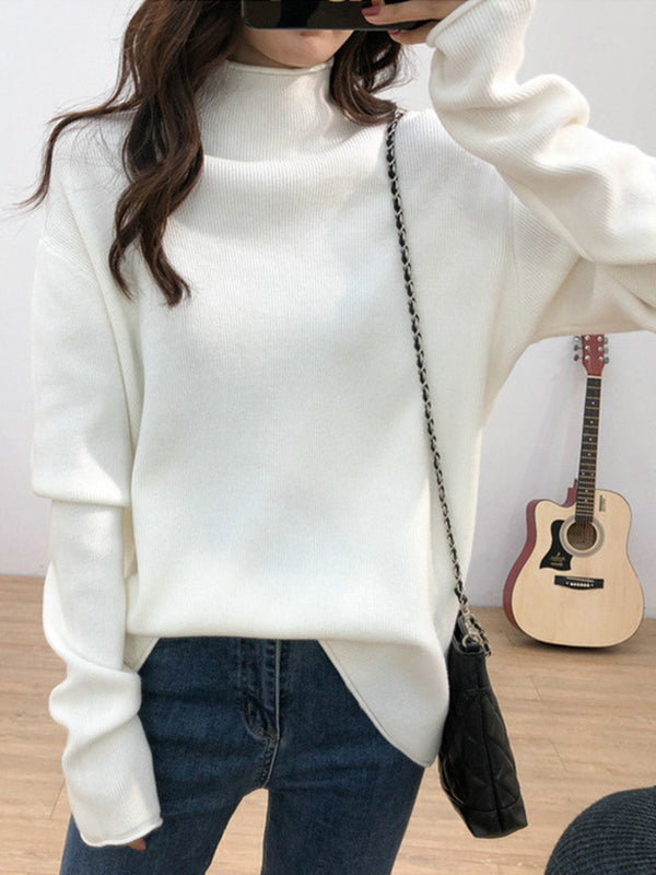 Rarove-Casual Loose Long Sleeves Solid Color Half Turtleneck Sweater Tops