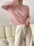 Rarove-Gentle Mohair Knitted Loose Long Sleeves Solid Color Thin Sweater Tops
