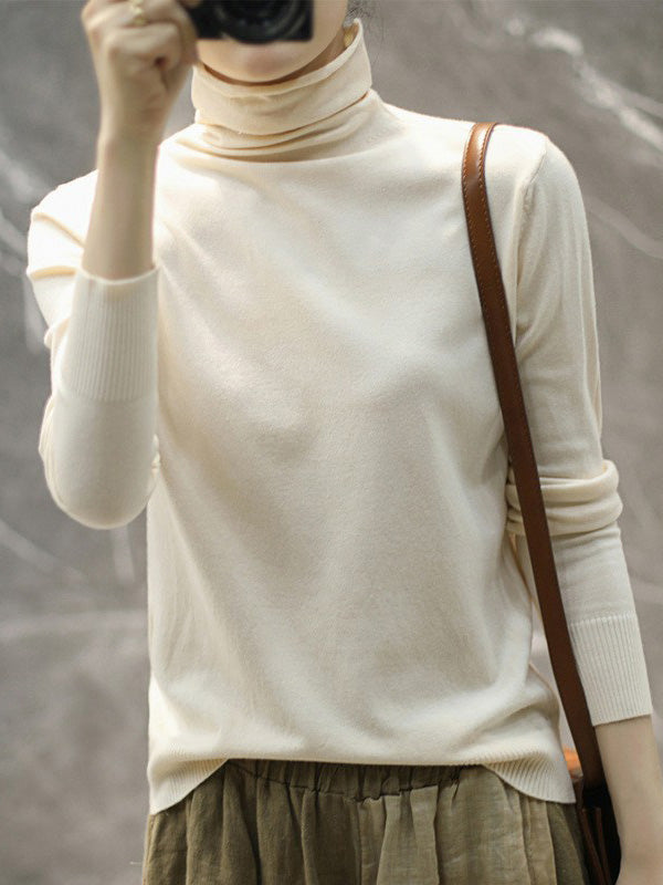 Rarove-Solid Color Heaps Collar Long Sleeve Knitwear Tops