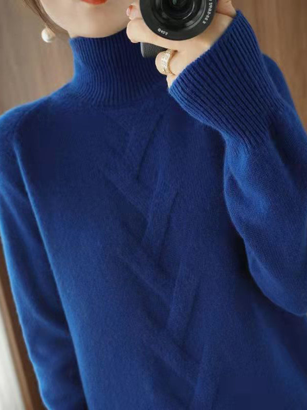 Rarove-Casual Loose Long Sleeves Solid Color High-Neck Sweater Tops