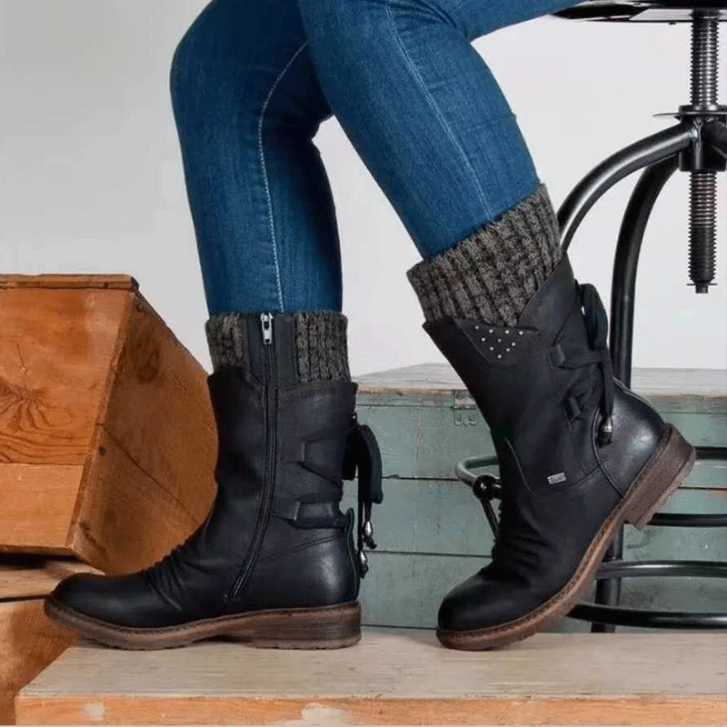 Rarove- Round toe mid-tube women's boots with thick heel straps