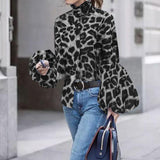 Women Leopard Print Tops 2022 Fashion Blouse Autumn Lantern Sleeve High Collar Casual Elegant Office Work Shirt Blusas