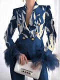 Rarove-Fashion Print Button Long Sleeve Feather Blazer