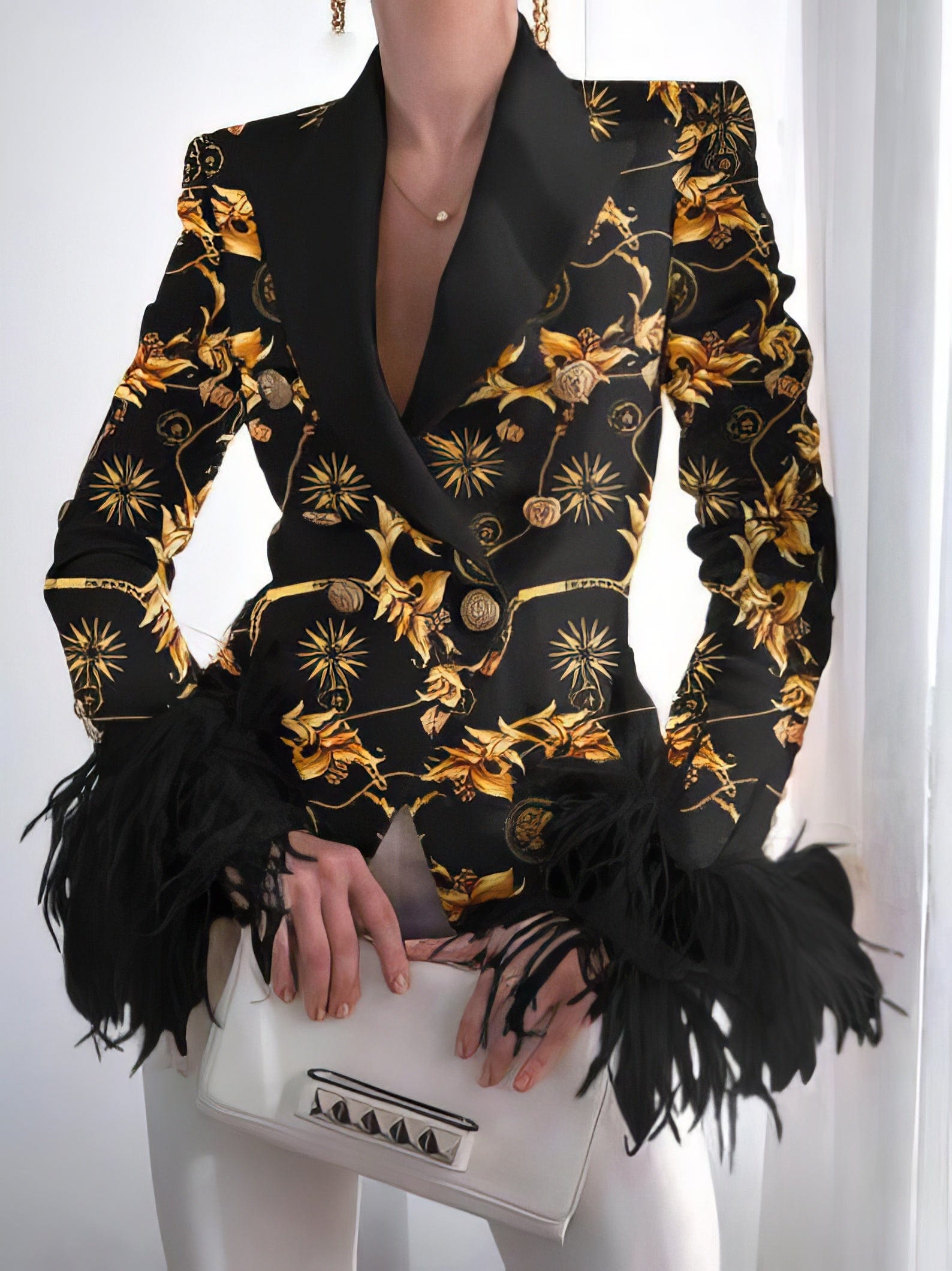 Rarove-Fashion Print Button Long Sleeve Feather Blazer