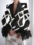 Rarove-Fashion Print Button Long Sleeve Feather Blazer