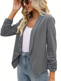 Rarove-Ruched Solid Color Open-Front Buttonless Placket Casual Blazer