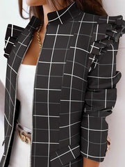 Rarove-Fall Outfits  -Ruffle Check Long Sleeve Zipper Blazer