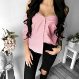 Women Ladies Summer Long Sleeve Blouse Fashion Strap Shirt Loose Sexy Off Shoulder Button Casual Stripe Blouse Tops Shirt S -XL