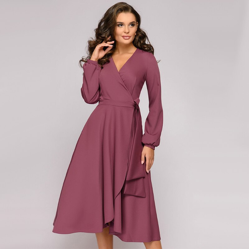 Women Vintage Sashes Lantern Sleeve A-line Party Dress Long Sleeve Sexy V neck Solid Casual Dress 2022 Autumn New Fashion Dress