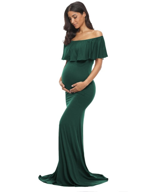 Maternity Long Dress Ruffles Off Shoulder Stretchy Sleeveless Pregnancy Dresses Slim Fitted Gown Maxi Photography Dress