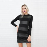 Women Casual Leather Patchwork Sheath Office Dress Long Sleeve O neck Solid Casual Mini Dress 2022 Winter New Fashion Dress