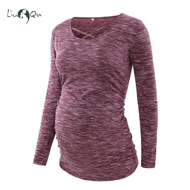 Women's Casual Pregnant Blouses Top Maternity Clothes V Neck Cross Long Sleeve Comfortable Pregnancy T-Shirt Soft Flattering Top