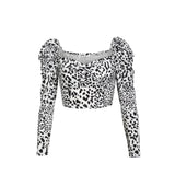 Rarove Sexy French Style Vintage Women Square Neck Leopard print Pullover Tops Puff Long Sleeve Crop Tops Shirts Blouse Tops