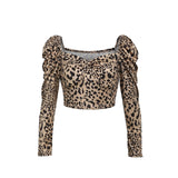 Rarove Sexy French Style Vintage Women Square Neck Leopard print Pullover Tops Puff Long Sleeve Crop Tops Shirts Blouse Tops