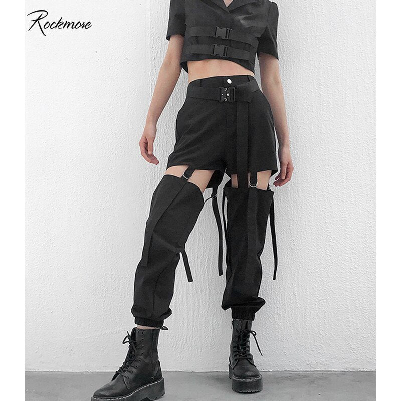 Black Gothic Buckle Loose Pants Women Pockets Hollow Out High Waist Streetwear Trouser Casual Wide Leg Pant Femme Club