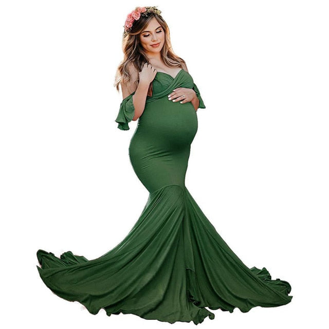 Shoulderless Maternity Dresses For Photo Shoot Sexy Ruffles Sleeve Pregnancy Dress New Maxi Gown Pregnant Women Photography Prop