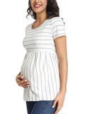 Pregnant Blouses Top Maternity Clothes Striped Short Sleeve Loose Casual Pleated Pregnancy Shirt Classic Cotton Vetement Femme