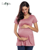 Pregnant Blouses Top Maternity Clothes Striped Short Sleeve Loose Casual Pleated Pregnancy Shirt Classic Cotton Vetement Femme