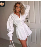 Rarove  ins French Stylish Slim Blouse Ladies Women Clothes Deep V Long Puff Sleeve Shirtdress Sexy Shirt Autumn Casual Black White