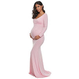 Women's Off Shoulder Maternity Slim Fitted Gown Cross-Front V Neck Wrap Ruched Long Sleeve Pregnancy Maxi Photography Dress