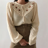 Beige Sweet Gentle Hook Floral Lantern-Sleeved Girls Knitted Korea Cute Chic Free Simple Fresh Cardigans Sweaters