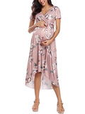 Women's Faux Wrap Maternity Dress with Adjustable Belt V Neck Breastfeeding Pregnancy Dresses Casual Floral Nursing Dress