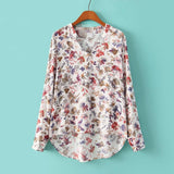 Women Autumn Retro Soft Cotton V Neck Long Sleeve Shirt Floral Print Top Blouse
