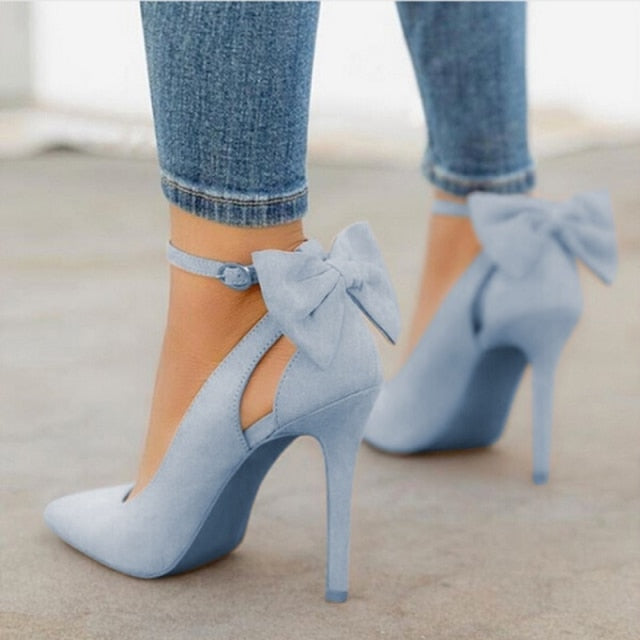 New bow pumps women high heels woman pointed toe stiletto pumps sexy party woman black plus size shoes wedding shoes ladies