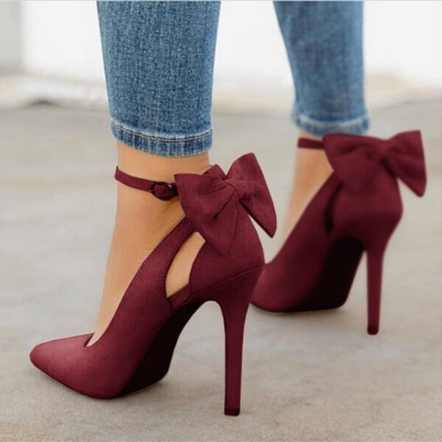 New bow pumps women high heels woman pointed toe stiletto pumps sexy party woman black plus size shoes wedding shoes ladies