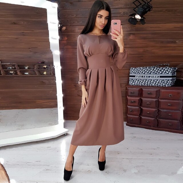 Women Vintage Hollow Out A-line Party Long Dress Long Sleeve O neck Solid Elegant Casual Dress 2022 Autumn New Fashion Dress