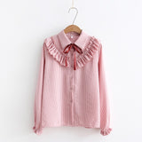2022 Woman Striped Shirt Single Breasted Ruffles Turn down Collar Long Sleeve Cotton Blouse Lace Up Bow Feminina Sales T8D408Z