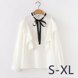 2022 Woman Striped Shirt Single Breasted Ruffles Turn down Collar Long Sleeve Cotton Blouse Lace Up Bow Feminina Sales T8D408Z