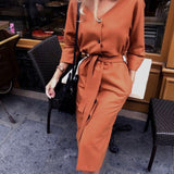 Women Vintage Back Button Sashes A-line Party Dress Long Sleeve Sexy V necK Solid Casual Elegant Mid Dress 2022 Winter New Dress