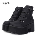 Spring Autumn Ankle Boots Women Platform Boots Rubber Sole Buckle Black Leather PU High Heels Shoes Woman Comfortable