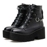 Rarove New Chain Women Leather Autumn Boots Block Heel Gothic Black Punk Style Platform Shoes Female Footwear High Quality