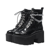 Rarove Patent Leather Gothic Black Boots Women Heel Sexy Chain Chunky Heel Platform Boots Female Punk Style Ankle Boots Zipper