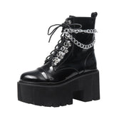 Rarove Patent Leather Gothic Black Boots Women Heel Sexy Chain Chunky Heel Platform Boots Female Punk Style Ankle Boots Zipper