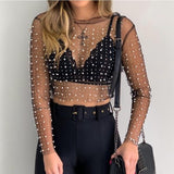 YiDuo Women Transparent O-Neck Long Sleeve Sexy Lace Mesh Shirt Club Party Tops Ladies 2020 Spring Pearl Beading Blouse Blusas