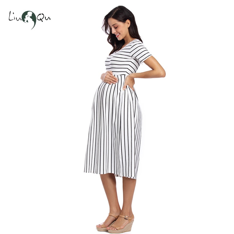 Women's Short Sleeve Maternity Dresses Striped Casual Summer Knee Length Pregnancy Clothes Ruched Fitted Pregnant Bodycon Dress