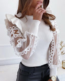Fashion Women Spring Autumn T-Shirts Mesh Patchwork Design Lace Ruffles Decor See Through O-Neck Long Sleeve Solid Pullovers Top