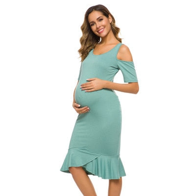 Womens Clothing Maternity Dress Pregnancy Cold Shoulder Ruffles Mermaid Dress Flattering Baby PhotoShoot Shower
