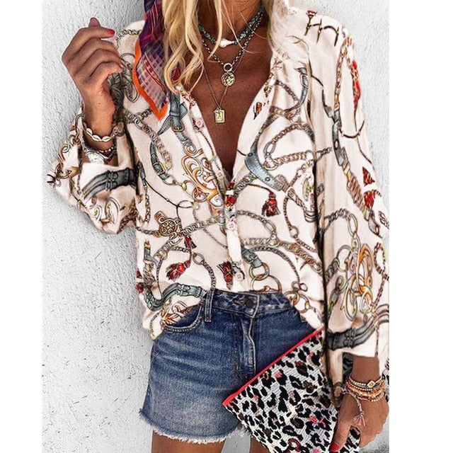 2022 New Design Plus Size Women Blouse V-neck Long Sleeve Chains Print Loose casual Shirts Womens Tops And Blouses