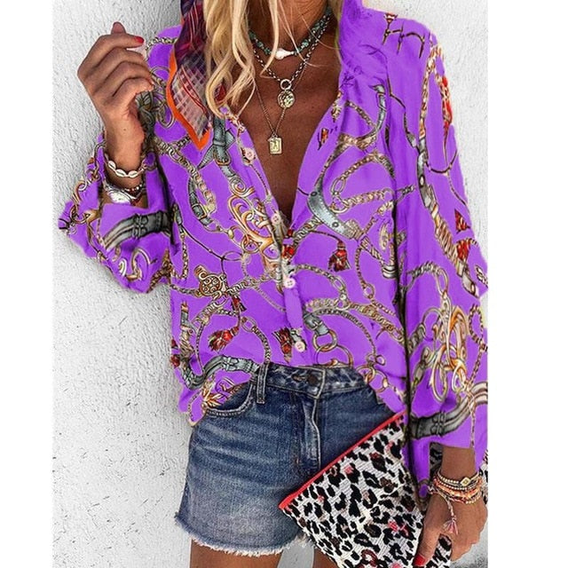 2022 New Design Plus Size Women Blouse V-neck Long Sleeve Chains Print Loose casual Shirts Womens Tops And Blouses