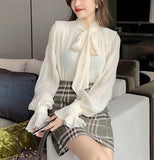 Bow Tie Tops Women Korean Style Design Clothes Flare Sleeve Elegant Office Lady Cute Ribbon Sweet Basic Shirts Blouses 1627