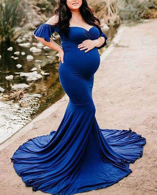 Shoulderless Maternity Dresses For Photo Shoot Sexy Ruffles Sleeve Pregnancy Dress New Maxi Gown Pregnant Women Photography Prop
