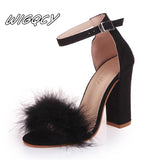 Summer Women Pumps T-stage Fur Buckle Strap Platform Open Toe Dancing High Heel Sandals Sexy Party Wedding Shoes Black mujer s01