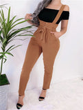 Rarove Women Streetwear Long Pants Bandage Design Button Pockets Decor High Waist Pencil Pants Lady Slim Hips Shoulder Straps Trousers